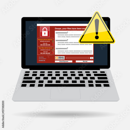 Computer laptop with Exclamation mark and wannacry malware ransomware. Vector illustration cybercrime and cyber security concept.