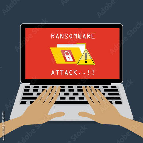 Human hands on computer laptop with folder lock Exclamation mark and malware ransomware attack. Vector illustration cybercrime and cyber security concept.