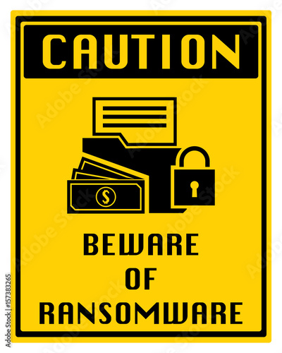 Design logo sticker with folder locked and massage beware of ransomware malware wannacry virus encrypted files. Vector illustration cybercrime and cyber security concept.