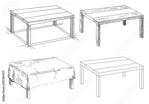 Sketch set isolated furniture. Different tables. Linear black tables on a white background. Vector illustration.