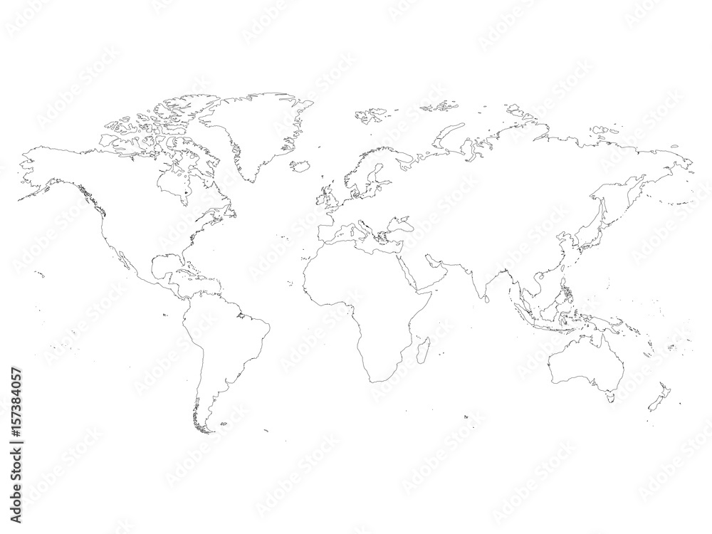 High detailed outline of world map. Simple thin black vector stroke on white background.
