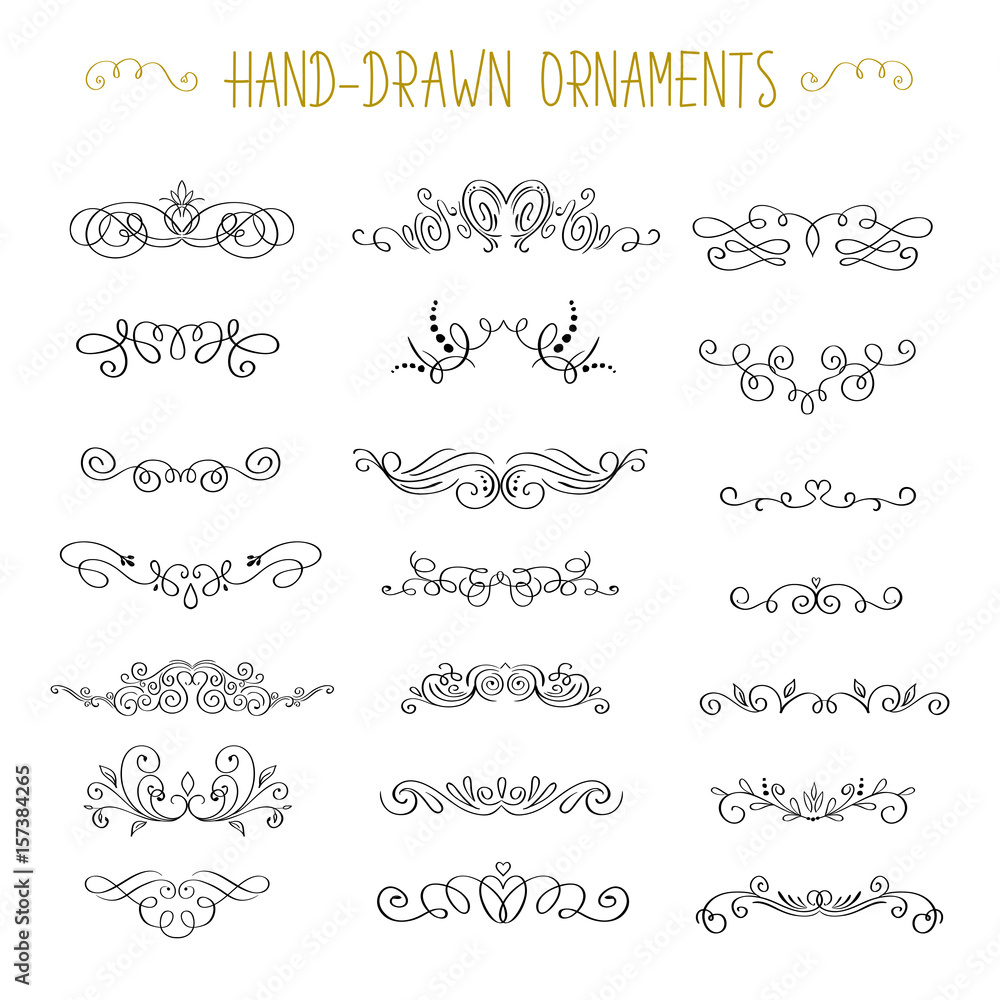 Vintage styled calligraphic flourishes and swashes. Collection or set of handdrawn ornate elements. Flourishes and frames made in vector