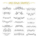 Vintage styled calligraphic flourishes and swashes. Collection or set of handdrawn ornate elements. Flourishes and frames made in vector