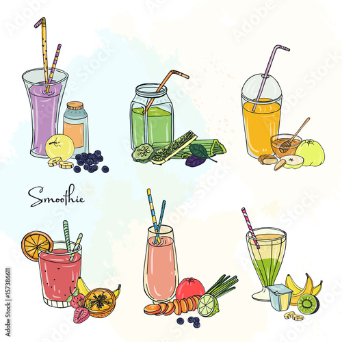 Different smoothie set. Collection of various summer drinks with fruits, berries, vegetables. Colorful beverage in glassful, cups, banks with straw. Hand drawn vector illustration.
