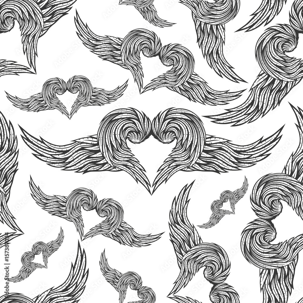 Pattern for seamless background with hearts and wings. Pattern for seamless background with hearts and wings.
