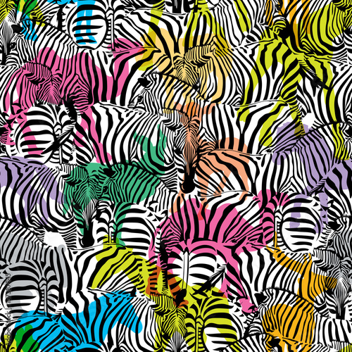 Zebra with colorful silhouette wildlife animals, seamless pattern. Wild animal design trendy fabric texture, illustration.