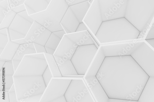 White empty geometric hexagonal honeycomb abstract background, 3D rendering
