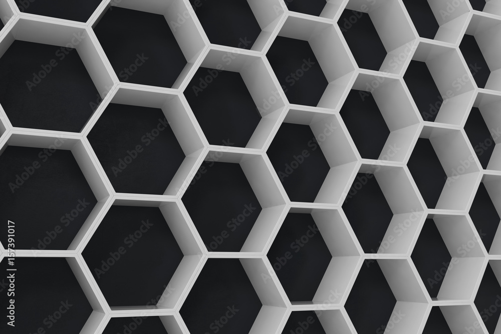 White geometric hexagonal abstract background with black wall, 3D rendering White geometric hexagonal abstract background with black wall, 3D rendering