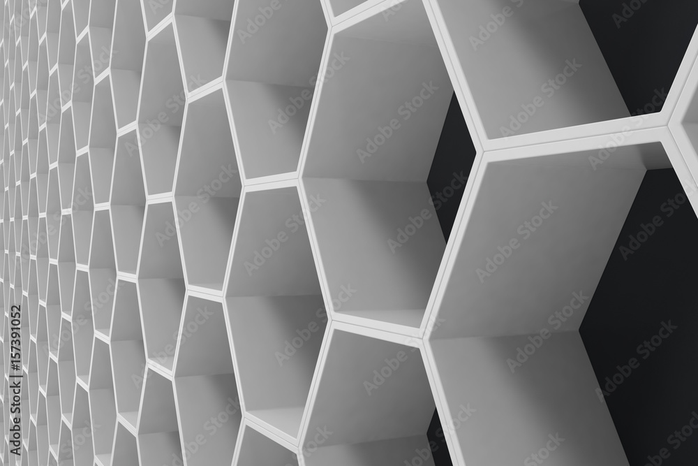 White geometric hexagonal abstract background with black wall, 3D ...
