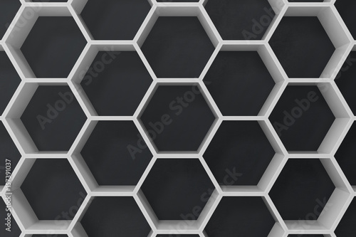 White geometric hexagonal abstract background with black wall, 3D rendering