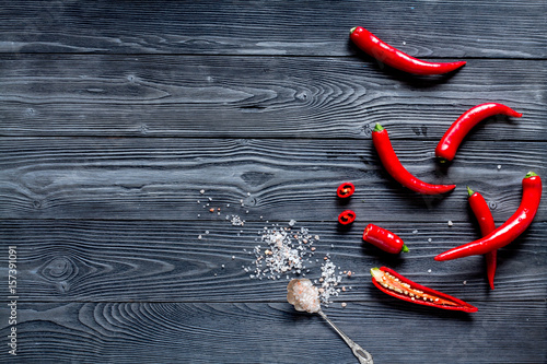 hot food with red chili on wooden table background top view mock up