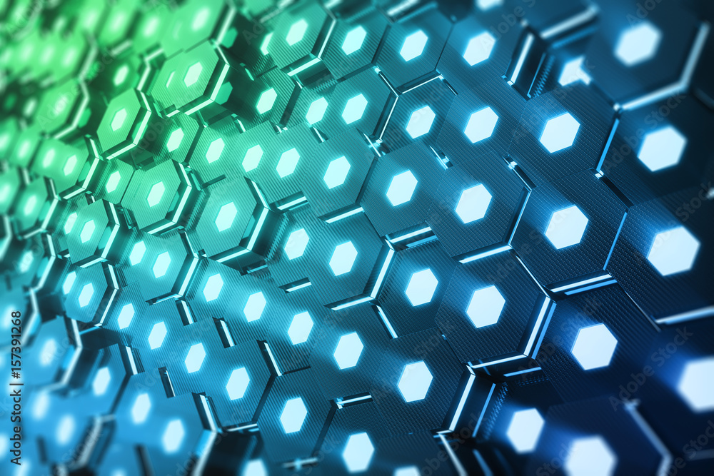 Abstract blue of futuristic surface hexagon pattern with light rays, 3D Rendering Abstract blue of futuristic surface hexagon pattern with light rays, 3D Rendering