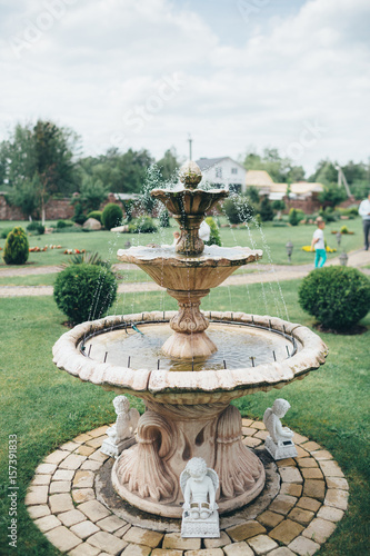 The luxury fountain is in the yard