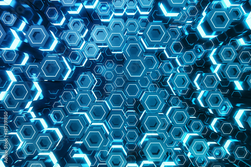 Abstract blue of futuristic surface hexagon pattern, hexagonal honeycomb with light rays, 3D Rendering