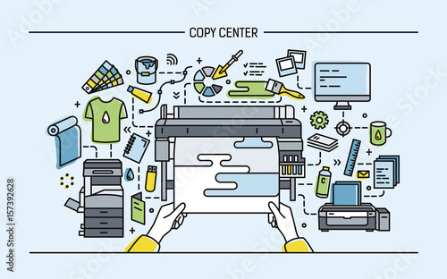 Concept of copy center, print shop, publishing. Horizontal banner with printer, monitor, scanner, different equipment. Colorful vector illustration in lineart style.