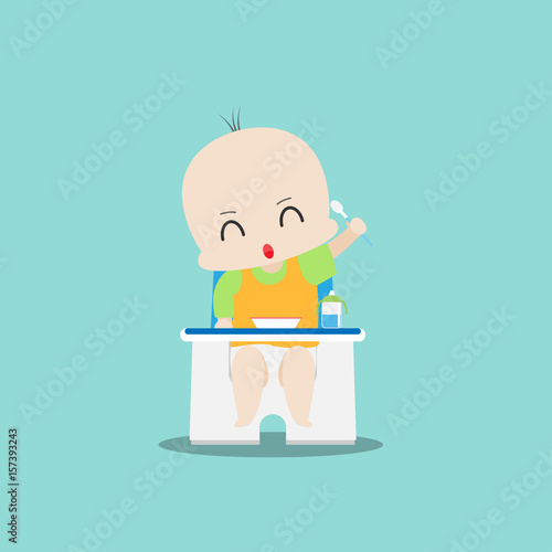 Happy cute boy is eating his meal.Cartoon character vector design isolated on background