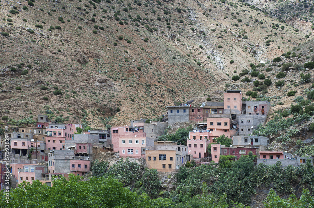 Fototapeta premium The solitary Berber village of Sti Fadma, also known as Setti Fatma, situated in Ourika Valley, close to the seven waterfalls, in Southern Atlas Mountains, Morocco