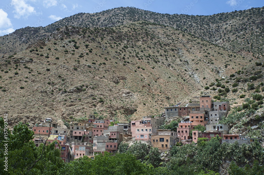 The solitary Berber village of Sti Fadma, also known as Setti Fatma, situated in Ourika Valley, in Southern Atlas Mountains, Morocco