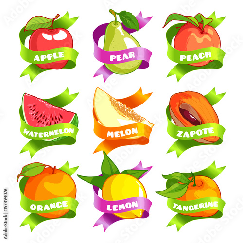 Nine stickers with ribbon and different fruits.