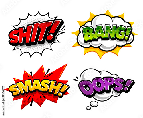 Retro comic speech bubbles with expression tags Shit, Bang, Smash, Oops. Bright dynamic pop art design elements. Vector illustration.