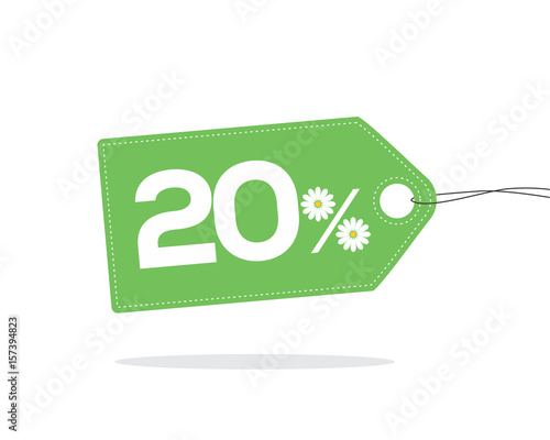 Green price tag label with 20% text designed with a daisy flower icon on it and with shadow isolated on white background. For summer sale campaigns.