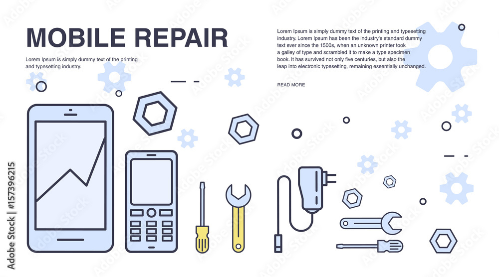 Concept of mobile phone repair. Horizontal banner with smartphone and tools.  Service electronic technic. Colorful vector line art background with place  for text. Stock-Vektorgrafik | Adobe Stock
