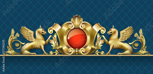 Emblem or fresco, high relief with golden gryphon. Classic ornament. Architectural element for a building, arches, windows or doors in the Baroque style. Vector graphics. Element of the cover.