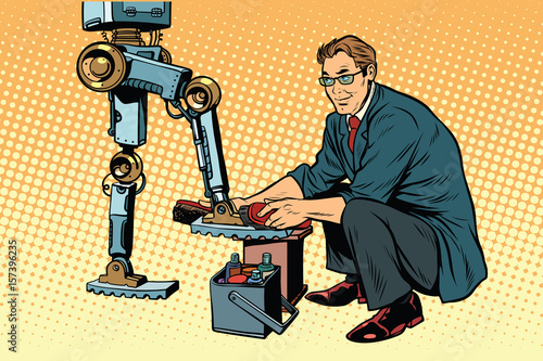 Businessman cleans shoes robot