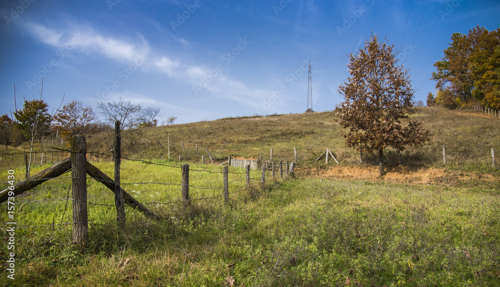 Old weathered rustic fence on a bright vivid green meadow, Serbia landscape