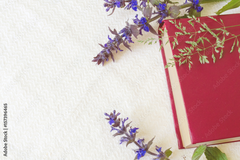 Book of red color in flowers on a white background