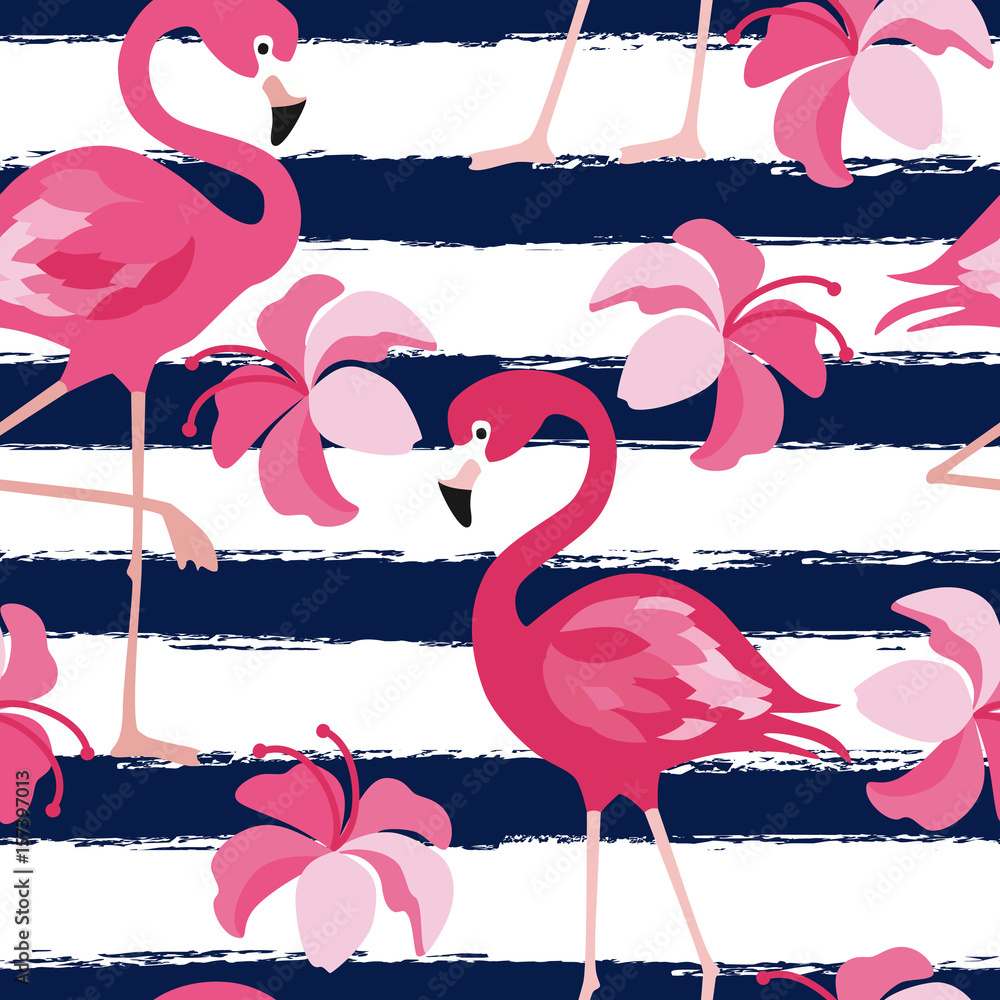 Seamless pattern with dark blue grunge stripes and pink flamingo. Pink flamingo vector background design for fabric and decor. Vector trendy illustration.