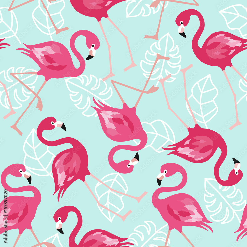 Flamingo seamless pattern on mint green background. Pink flamingo vector background design for fabric and decor. Vector trendy illustration. Flamingo seamless pattern on mint green background. Pink flamingo vector background design for fabric and decor. Vector trendy illustration.