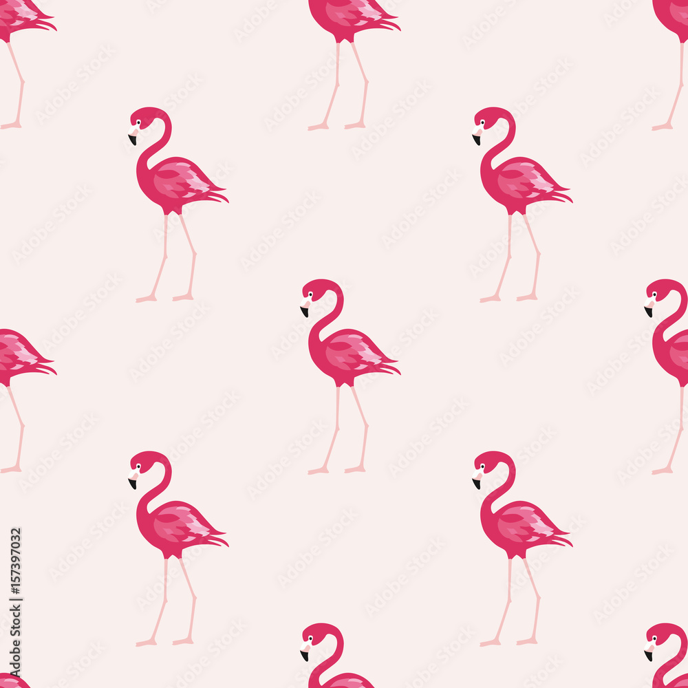 Obraz premium Flamingo seamless pattern. Pink flamingo vector background design for fabric and decor. Vector trendy illustration.