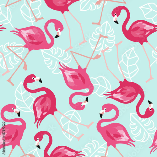 Flamingo seamless pattern on mint green background. Pink flamingo vector background design for fabric and decor. Vector trendy illustration.