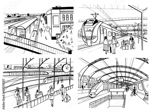Set of sketches with railway station. Passengers on platform, waiting, arriving and departing train. Hand drawn black and white vector illustration.