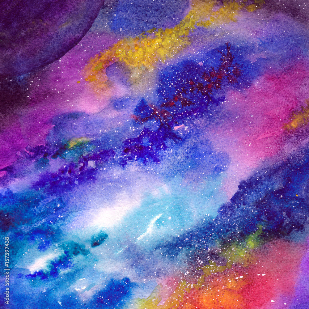 Fototapeta premium Space background. Watercolor art background with space, stars, milky-way. University art background. Multicolor abstract background. Wallart painting for home decor. Interior wallart.