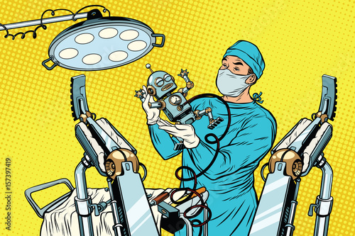 birth newborn robot, an obstetrician in the operating room