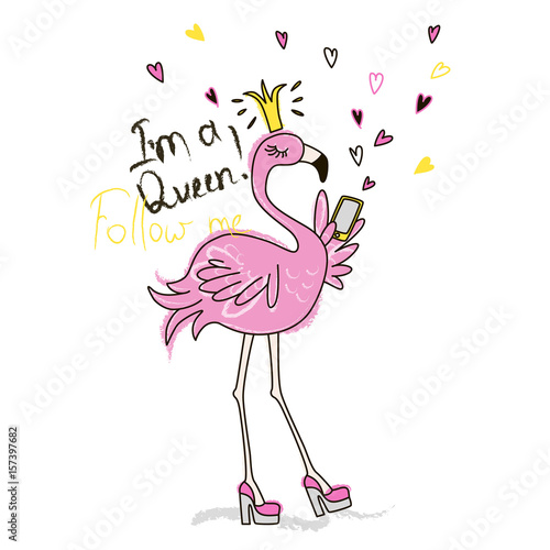 Plakat Śmieszny różowy flaming z telefonu. Grafika wektorowa doodle. Ilustracja do projektowania mody.