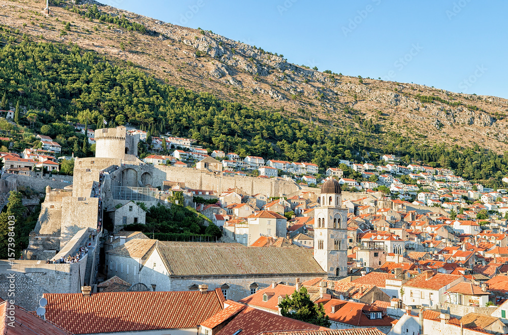 Panoramic view of Old city with fortress walls in Dubrovnik