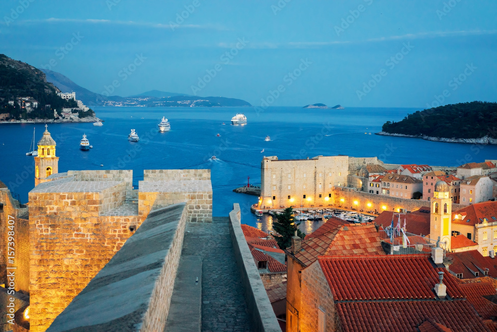 Panorama with Old city fort in Dubrovnik in evening