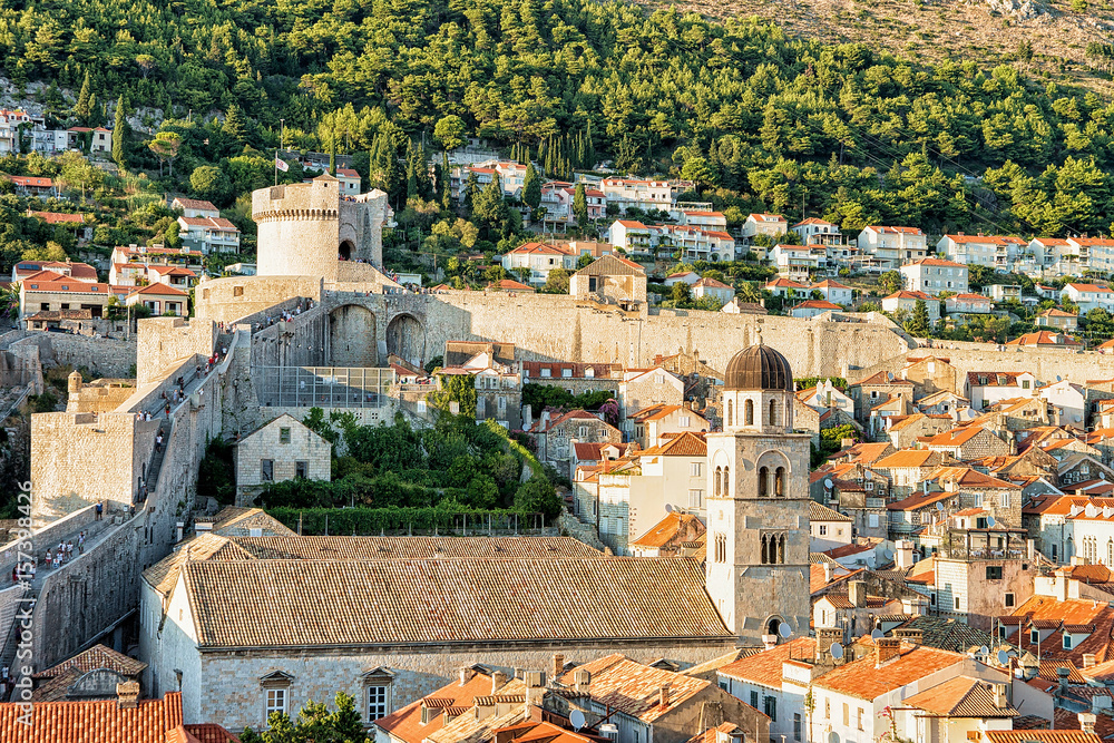 Panorama on Old town with fortress walls in Dubrovnik