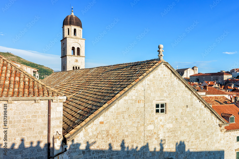 Panorama on Old town with church bell tower in Dubrovnik