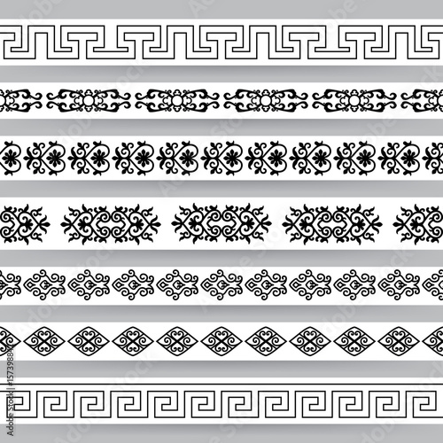 Borders with ornamental elements in asian style. Set 1. Black on white. For divider or frame.