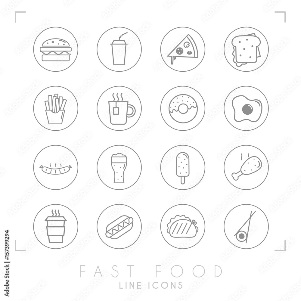 Set of line fast food icons in line circles. Flat style. Coffee, hamburger, pizza, sandwich, fried potato, tea, donut, egg, grilled sausage, beer, ice cream, chicken, hot dog, tacos, sushi roll Set of line fast food icons in line circles. Flat style. Coffee, hamburger, pizza, sandwich, fried potato, tea, donut, egg, grilled sausage, beer, ice cream, chicken, hot dog, tacos, sushi roll