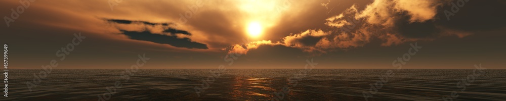 Ocean sunset, sea sunrise, panorama of the sea landscape, light above the water, 3d rendering