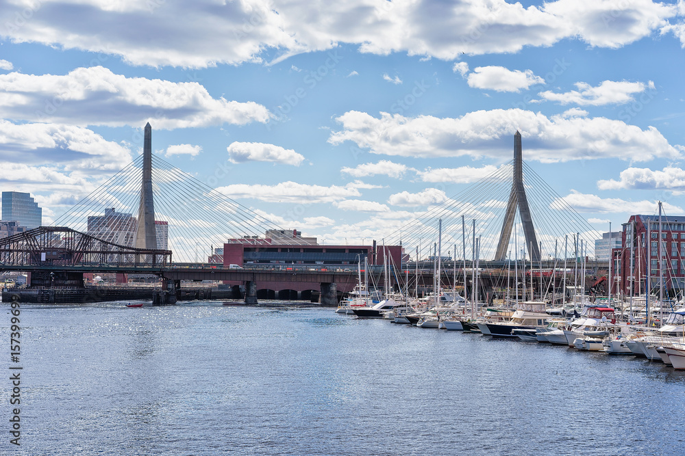 Pier with sailboats at Charles River Zakim Bridge Boston MA