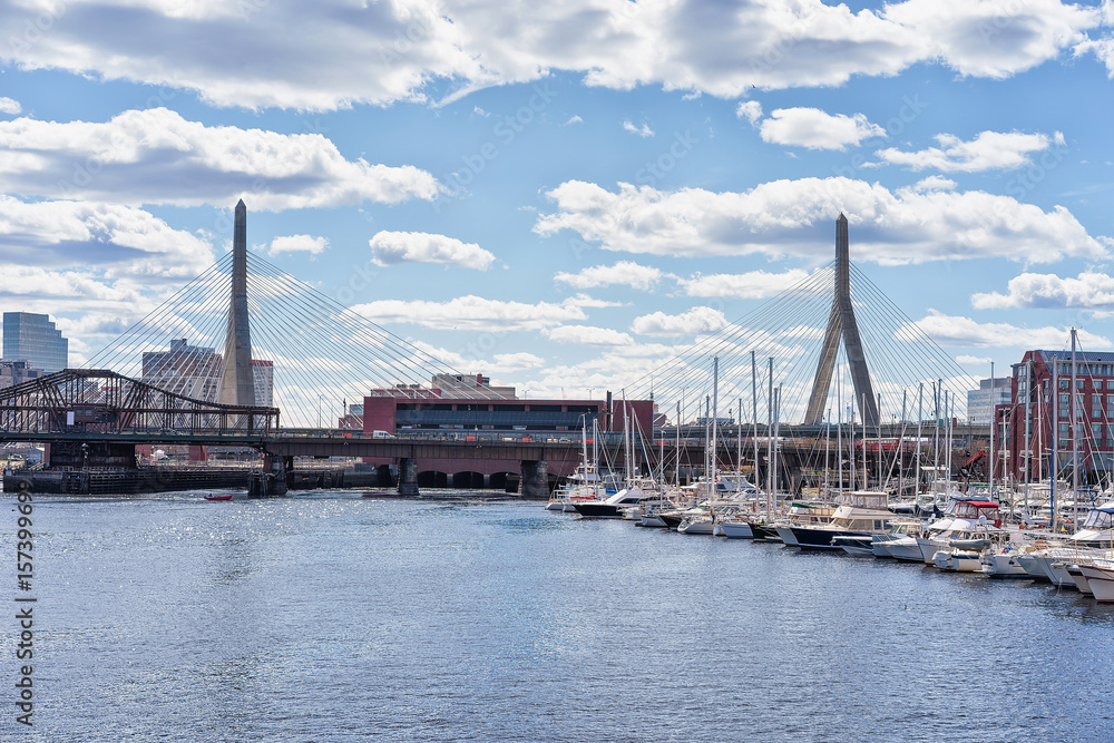 Fototapeta premium Pier with sailboats at Charles River Zakim Bridge Boston MA