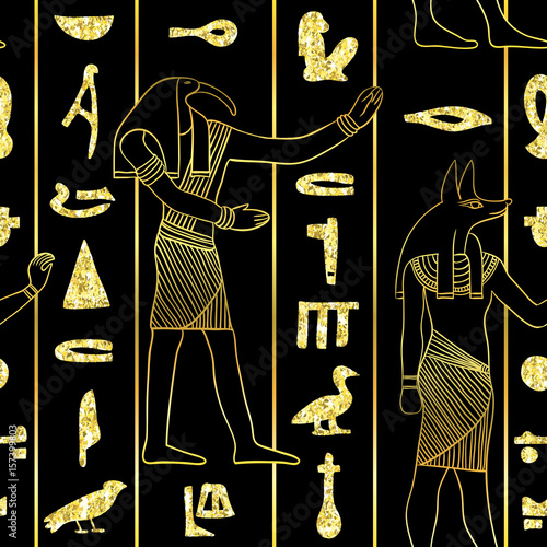 Seamless pattern with egyptian gods and ancient egyptian hieroglyphs with golden glitter foil texture on black background. Vintage hand drawn vector illustration