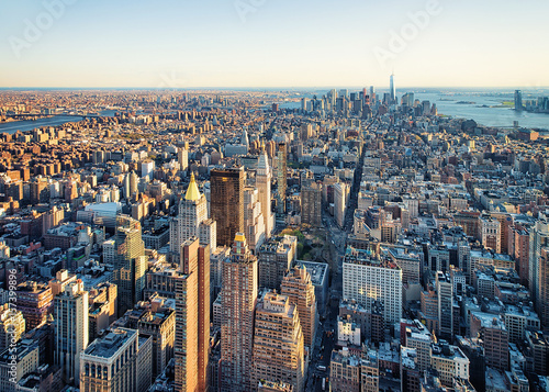 Aerial view to Skyline in Downtown and Lower Manhattan NYC