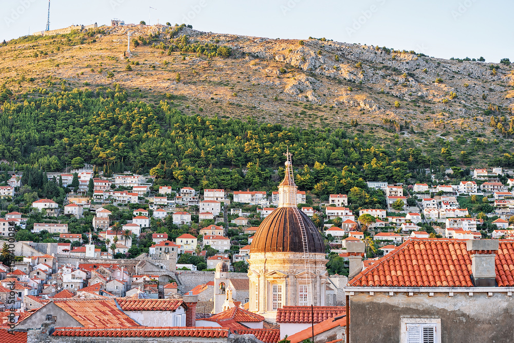 Panorama of Old city with St Blaise church dome Dubrovnik